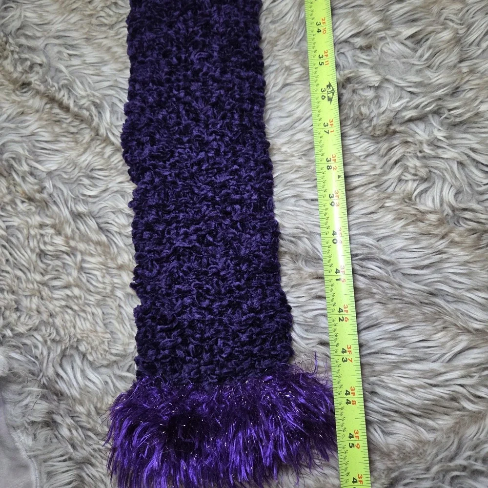 Purple Chenille Scarf Faux Fur Feather Fringe Ends Textured Winter Wrap Glam Y2K